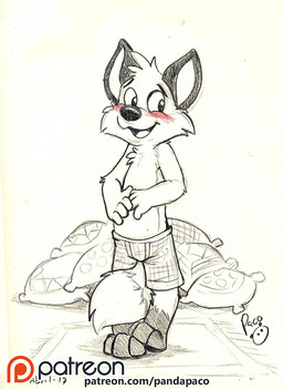 anthro blush cheek_tuft clothed clothing dipstick_tail facial_tuft front_view glistening glistening_eyes head_tuft leg_markings logo looking_aside male markings open_mouth open_smile patreon_logo pillow simple_background smile socks_(marking) solo standing tail tail_markings text topless tuft young young_anthro young_male pandapaco patreon canid canine fox mammal 2017 artist_logo full-length_portrait portrait signature sketch url