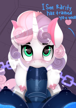 aged_up animal_genitalia animal_penis anthro anthrofied areola balls bdsm big_breasts blue_body blue_fur blue_hair blue_skin blush bodily_fluids bondage bound breasts chain chained dialogue dominant dominant_pov duo equine_genitalia equine_penis erection eyelashes fellatio female first_person_view fur genitals green_eyes gynomorph gynomorph/female gynomorph_penetrating gynomorph_pov hair happy_slave heart_eyes heart_symbol horn intersex intersex/female intersex_penetrating intersex_pov kneeling long_hair looking_at_viewer multicolored_hair nipples nude oral oral_penetration penetrating_pov penetration penile penis puffy_nipples pupils saliva sex solo_focus symbol-shaped_pupils text two_tone_hair unusual_pupils vein wet fladdykin friendship_is_magic hasbro my_little_pony mythology princess_luna_(mlp) sweetie_belle_(mlp) equid equine mammal mythological_creature mythological_equine unicorn 2017 absurd_res english_text hi_res