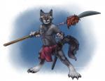 anthro bottomwear clothing loincloth looking_at_viewer male melee_weapon polearm solo spear sword weapon yellow_eyes sapphire-gale aetherel canid canine canis mammal wolf