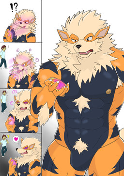 abs after_transformation anthro areola arm_tuft armpit_hair black_body black_bottomwear black_clothing black_nose black_pants bodily_fluids body_hair bottomwear brown_hair chest_tuft claws clothed clothing duo elbow_tuft fur goo_drip grey_bottomwear grey_clothing grey_pants hair heart_symbol hypnosis hypnotic_eyes interrobang male mane mind_control muscular muscular_male nipples nude open_mouth orange_body orange_nipples pants pecs ringed_eyes sharp_teeth shirt simple_background snout solo speech_bubble striped_body stripes sweat sweatdrop t-shirt tan_body tan_fur teeth tongue tongue_out topwear transformation transformation_sequence tuft white_background white_clothing white_shirt white_topwear worried ichigatsu_5 nintendo pokemon arcanine generation_1_pokemon human mammal pokemon_(species) colored comic hi_res sequence