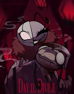 ambiguous_gender antennae_(anatomy) anthro blood bodily_fluids claws empty_eyes eyelashes female gore holding_severed_head lips neck_tuft open_mouth open_smile red_text severed_body_part severed_head smile solo text tuft acheofslowdecay hollow_knight_(franchise) team_cherry divine_(hollow_knight) leg_eater_(hollow_knight) arthropod 2026 artist_name english_text hi_res