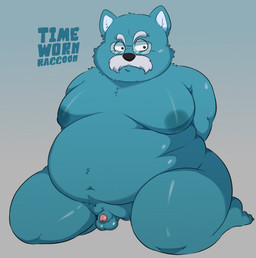 anthro balls belly big_belly big_moobs black_nose blue_body blue_fur elderly elderly_male eyewear facial_hair flaccid fur genitals glasses larger_but_small male mature_male moobs mustache overweight overweight_male penis simple_background small_penis solo timewornraccoon dragon_ball king_furry canid canine canis domestic_dog mammal 2026 hi_res