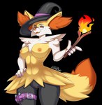 anthro areola breasts clothing eyewear female fire fluffy fluffy_tail fur genitals glasses hand_on_hip hat headgear headwear inner_ear_fluff leg_belt medium_breasts nipples orange_areola orange_nipples pussy round_glasses simple_background solo standing stick tail transparent_background tuft witch_hat yellow_body yellow_fur lunabae nintendo pokemon fan_character light_(codeco) braixen canid generation_6_pokemon mammal pokemon_(species) alpha_channel