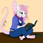 albino anthro book bottomwear chest_tuft claws clothing crossed_legs denim denim_bottomwear denim_clothing female hair jeans pants pink_hair reading reading_book red_eyes scarf shirt simple_background sitting solo sweater tank_top the_magicians topwear tuft whiskers deerwalker tris_(tris_the_mouse) mammal mouse murid murine rodent 1:1 digital_media_(artwork) hi_res