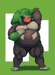 5_fingers 5_toes absurd_res anthro barefoot belly big_belly big_muscles bluejeff24 blush brown_body brown_fur feet fingers fur generation_8_pokemon green_background green_hair hair hand_behind_head hi_res jeffieb19 leaf leaf_hair long_hair looking_at_viewer male musclegut muscular muscular_anthro muscular_male muscular_thighs nintendo nude orange_eyes overweight overweight_anthro overweight_male pecs plant plant_hair pokemon pokemon_(species) pseudo_hair rillaboom shadow simple_background solo standing thick_thighs toes