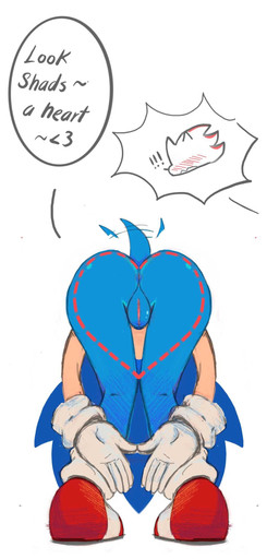 ambiguous_gender anthro anus bent_over blue_body blush butt butt_heart clothing dialogue embarrassed exhibitionism female footwear genitals gloves handwear offscreen_character presenting presenting_hindquarters red_stripes shoes solo speech_bubble stripes tail tail_motion tailwag vulva kuretto sega sonic_the_hedgehog_(series) shadow_the_hedgehog sonic_the_hedgehog eulipotyphlan hedgehog mammal hi_res