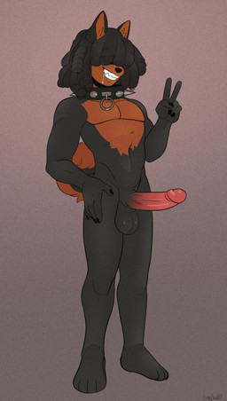 4_toes 5_fingers anthro balls biped black_body black_coded black_collar black_fingernails black_fur black_hair black_nails black_nose bodily_fluids brown_body brown_fur brown_inner_ear collar collar_only colored_nails curled_tail dreadlocks drooling erection feet fingernails fingers front_view fur genitals gesture gesturing_at_viewer grey_background grin grinning_at_viewer hair hair_over_eyes hand_gesture hand_on_hip hand_on_own_hip humanoid_genitalia humanoid_hands humanoid_penis male male_anthro multicolored_body multicolored_fur nails nude nude_anthro nude_male penis pink_penis plantigrade saliva sharp_teeth simple_background smile smiling_at_viewer solo spiked_collar spikes standing tail teeth toes two_tone_body two_tone_fur v_sign sparkibarki canid canine canis dobermann domestic_dog mammal pinscher full-length_portrait hi_res portrait