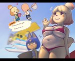 anthro bangs beach belly big_belly big_breasts bikini black_bars blue_hair breasts clothing duo female genitals hair huge_breasts low-angle_view overweight overweight_female pussy seaside slightly_chubby slightly_chubby_female speech_bubble swimwear two-piece_swimsuit uraeus yellow_body okgaki animal_crossing nintendo ankha_(animal_crossing) isabelle_(animal_crossing) canid canine canis domestic_cat domestic_dog felid feline felis human mammal absurd_res hi_res letterbox