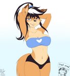 anthro bandeau big_breasts black_hair blue_eyes bouncing_breasts breasts clothing countershading female fur hair hands_behind_head heterochromia looking_at_viewer multicolored_hair navel orange_body orange_fur ponytail red_eyes simple_background solo topwear white_background white_hair viejillox elizabeth_fox canid canine fox mammal 2d_animation animated digital_media_(artwork) frame_by_frame short_playtime