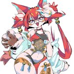 4_fingers armwear big_hands blue_hair blush blush_lines bodily_fluids claws clothing collar drooling elbow_gloves eyebrow_through_hair eyebrows eyewear fangs female feral finger_claws fingers flat_chested front_view fur fur_markings glasses gloves hair handwear looking_at_viewer markings multicolored_body multicolored_eyes multicolored_fur multicolored_hair name_tag narrowed_eyes navel open_mouth pawpads paws pigtails pink_body pink_fur red_hair round_glasses saliva sleeveless_shirt solo tail tassels teeth tongue tongue_out translucent translucent_hair white_hair wide_hips yellow_body yellow_fur rin_hitsuki ravina_kitten domestic_cat felid feline felis mammal 1:1 2025 digital_media_(artwork) hi_res portrait three-quarter_portrait