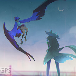 after_transformation anthro biped blue_body blue_feathers blue_fur blue_hair bottomwear brown_body brown_fur clothing coat duo feathered_wings feathers feet female flying fur hair looking_at_another male moon outside shirt shorts simple_background species_transformation standing tail tail_feathers talons tank_top text toes topwear transformation trenchcoat wings polinagribova brand_new_animal studio_trigger michiru_kagemori shirou_ogami avian bird canid canine canis hybrid mammal raccoon_dog tanuki wolf 1:1 2020 digital_media_(artwork) hi_res