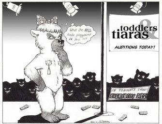 accessory anthro bow_(feature) bow_accessory bow_ribbon centered_hair_bow female flat_chested group hair_accessory hair_bow hair_ribbon humor joke pole ribbons stage text young young_anthro james_m_hardiman hello_kitty_(series) sanrio hello_kitty_(character) penance bear mammal english_text monochrome