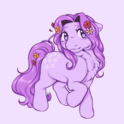bent_legs blush chest_tuft closed_smile cutie_mark eyelashes female female_feral feral flower flower_in_mane flower_in_tail fur hooves light long_mane long_tail mane mouth_closed orange_flower plant pose pre-g4 purple_background purple_body purple_eyes purple_fur purple_hooves purple_mane purple_tail quadruped red_flower simple_background smile solo tail thin_eyebrows tuft unguligrade cabysoft hasbro mlp_g1 my_little_pony blossom_(mlp) earth_pony equid equine horse mammal pony 1:1 2022 colored digital_drawing_(artwork) digital_media_(artwork) english_description hi_res lighting shaded