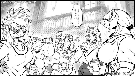 2_horns anthro beverage big_breasts biped bracelet breasts cheek_tuft clothed clothing dialogue dress drinking eyebrows eyes_closed facial_tuft female floppy_ears folded_ears group hair hair_over_eye half-closed_eyes holding_beverage holding_object horn huge_breasts jewelry long_hair looking_at_another mature_female narrowed_eyes necklace outside ponytail speech_bubble text tuft canisfidelis bovid canid canine canis caprine dalmatian domestic_dog felid lion mammal pantherine porcupine rodent sheep wolf 16:9 2025 hi_res japanese_text monochrome translated widescreen