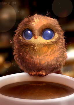 ambiguous_feral ambiguous_gender beady_eyes beak blue_eyes blurred_background brown_body brown_feathers container cup feathers feral front_view glistening glistening_eyes mouth_closed mug orange_beak solo young young_ambiguous young_feral bloominglynx avian bird owl digital_media_(artwork) digital_painting_(artwork) hi_res painting_(artwork)