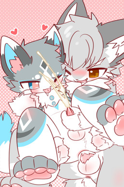 anal anal_penetration anthro blue_eyes blue_inner_ear bodily_fluids circle_eyebrows claws countershading cum cumshot cumshot_in_ass dipstick_ears dipstick_tail dotted_background drooling_tongue duo ear_markings ejaculation eyebrows facial_markings finger_claws forehead_markings from_behind_position genital_fluids genitals grey_body handjob handjob_while_penetrating head_markings leg_markings male male/male markings multicolored_ears narrowed_eyebrows one_eye_closed open_mouth pattern_background pawpads penetration penile penile_penetration penis penis_in_ass perineum_tuft pink_pawpads pink_penis pink_pupils pupils sex simple_background tail tail_markings tongue tongue_out white_body white_countershading white_inner_ear young young_anthro ras_soy domestic_cat felid feline felis mammal absurd_res hi_res