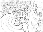 cutie_mark eyelashes eyes_closed female feral group horn looking_at_viewer text wings selenophile friendship_is_magic hasbro my_little_pony mythology apple_bloom_(mlp) applejack_(mlp) cutie_mark_crusaders_(mlp) fluttershy_(mlp) mane_six_(mlp) owlowiscious_(mlp) pinkie_pie_(mlp) princess_cadance_(mlp) princess_celestia_(mlp) princess_luna_(mlp) rainbow_dash_(mlp) rarity_(mlp) scootaloo_(mlp) shining_armor_(mlp) spike_(mlp) starlight_glimmer_(mlp) sunburst_(mlp) sweetie_belle_(mlp) trixie_(mlp) twilight_sparkle_(mlp) avian bird earth_pony equid equine horse mammal mythological_creature mythological_equine owl pony scalie unicorn winged_unicorn 2019 4:3 absurd_res english_text hi_res monochrome signature sketch sibling_(lore) sister_(lore) sisters_(lore)