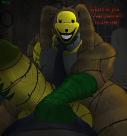 anthro apron apron_only balls big_balls big_penis bottomwear clothing creepy creepy_face creepy_smile dialogue dirt dirty duo erection first_person_view genitals horror_(theme) huge_balls huge_penis hyper hyper_balls hyper_genitalia hyper_penis imminent_sex looking_at_viewer male male/male mask musclegut muscular muscular_male necktie on_lap overweight overweight_male pants penis pinned pinned_to_ground pinning_down plant scary seam_(sewing) serial_killer sitting_on_another sitting_on_lap smile smiling_at_viewer talking_to_viewer teeth thick_thighs vein veiny_penis vines m4n the_walten_files anon lorenzo_waterman_(the_walten_files) pumpkin_rabbit animate_inanimate human humanoid lagomorph leporid mammal monster patchwork_creature patchwork_monster rabbit absurd_res hi_res