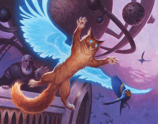 5_fingers ambiguous_gender beak beard biped brown_body brown_fur cloud facial_hair feathered_wings feathers feet feral fingers flying fur group male open_mouth orrery outside pawpads quadruped reaching_out size_difference tail talons toes wings steve_prescott hasbro magic:_the_gathering wizards_of_the_coast avian bird domestic_cat felid feline felis human mammal 2018 digital_media_(artwork) digital_painting_(artwork) hi_res official_art painting_(artwork) shaded soft_shading