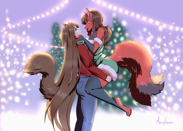 anthro big_butt blue_eyes bottomwear breasts brown_hair butt carrying_another clothed clothing denim denim_bottomwear denim_clothing dress female female/female fur group hair holidays hug jacket jeans legwear lights outside pants red_body side_boob side_view snow stockings topwear winter annham christmas animal_humanoid canid canid_humanoid canine canine_humanoid canis fox_humanoid humanoid mammal mammal_humanoid wolf digital_media_(artwork) shaded