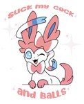 ambiguous_gender fangs feral fur looking_at_viewer one_eye_closed open_mouth paws ribbons simple_background smile solo sparkles teeth text tongue white_background wink strawberryvixen nintendo pokemon eeveelution generation_6_pokemon mammal pokemon_(species) sylveon english_text hi_res reaction_image