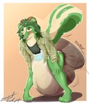 anthro bent_over big_diaper blush clothed clothing diaper feces front_view fur green_body green_fur hands_on_knees hands_on_legs horn huge_diaper hunched_over male messy open_clothing open_mouth open_shirt open_topwear pooping raised_tail shirt smile soiled_diaper soiling soiling_diaper solo standing tail topwear transformation unclean_diaper used_diaper extremius_amphibious mythology breck_(nrajoush) dragon mammal mephitid mythological_creature mythological_scalie scalie skunk absurd_res hi_res