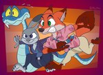 abstract_background anthro blue_body blue_scales bodily_fluids brown_markings clothing collared_shirt determined fangs female fur green_eyes grey_body grey_fur group jacket jumping khaki_pants male markings necktie orange_body orange_fur polo_shirt purple_eyes running scales shirt slithering sweat tan_markings teeth topwear trio v-neck worried yellow_eyes gavanzude disney zootopia gary_de'snake judy_hopps nick_wilde canid canine fox lagomorph leporid mammal rabbit reptile scalie snake alternate_version_at_paywall digital_drawing_(artwork) digital_media_(artwork) hi_res signature