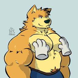 ambiguous_gender anthro anthro_focus biped blue_bottomwear blue_clothing blue_pants bottomwear clothed clothing disembodied_hand duo fingers fur grey_background hand_on_chest humanoid_hands logo looking_down male male/ambiguous male_focus orange_body orange_fur pants pec_grab pec_play pecs pubes simple_background smile smirk solo_focus tan_body tan_fur text topless topless_anthro topless_male phantasmbark canid canine canis mammal wolf 1:1 2025 artist_logo artist_name colored half-length_portrait hi_res portrait shaded watermark