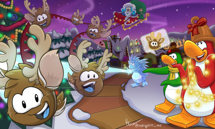 ambiguous_gender anthro antlers beanie blue_tongue brown_beanie brown_body brown_clothing brown_fur brown_hat brown_headwear christmas_decorations christmas_lights christmas_tree clothing evergreen_tree feral fur group hat headgear headwear holidays horn ice male open_mouth outside pathway pine_tree plant purple_sky red_body red_skin santa's_sleigh scarf sky snow speech_bubble tongue tree upper_teeth_only yellow_scarf rodrigorr christmas club_penguin merry_walrus aquatic avian bird elemental_creature ice_creature mammal mineral_fauna penguin pinniped puffle reindeer_puffle walrus absurd_res hi_res signature