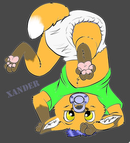 ageplay anthro blue_hair bottomwear clean_diaper clothed clothing diaper green_clothing green_topwear hair headstand infantilism inner_ear_fluff looking_at_viewer male pacifier pawpads paws pink_pawpads purple_hair raised_clothing raised_shirt raised_topwear roleplay shirt solo tail topwear tuft upside_down wearing_diaper white_bottomwear white_clothing yellow_eyes young young_anthro yiffy_foxy canid canine fox mammal character_badge_(artwork) digital_media_(artwork) full-length_portrait portrait