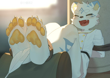 4_toes ankles_tied anthro blue_body blue_ear_tips blue_fur blue_markings bodily_fluids bound button_(fastener) cheek_tuft claws clothed clothing crying_laughing cute_fangs dipstick_ears ear_markings emanata eyebrows eyes_closed facial_tuft fangs feathers feet foot_fetish foot_focus foot_play fur fur_markings hands_behind_back heart_symbol laugh light light_beam male markings multicolored_ears naturally_censored open_mouth outside pantsless pantsless_anthro pantsless_male pawpads pillar pillow solo sunbeam sunlight tan_inner_ear tears teeth text tickle_torture tickling tied_to_pillar toe_claws toes tongue tuft uniform white_body white_ears white_eyebrows white_fur white_uniform yellow_pawpads young young_anthro young_male toye2004 felid feline felis mammal pantherine tiger chinese_text watermark