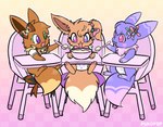 baby bow_ribbon bowl brown_body clean_diaper clothed clothing container cutlery diaper female feral food group heterochromia high_chair kitchen_utensils purple_body spoon tools trio wearing_diaper young young_female young_feral pukopop nintendo pokemon ava_(sweetcupcake) gracie_(sweetcupcake) eevee generation_1_pokemon pokemon_(species) hi_res