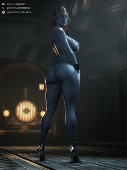 areola big_breasts big_butt black_sclera blue_body breasts butt clothing collar female footwear gloves hair handwear head_ornament high_heels horn mostly_nude nipples pointy_ears red_eyes red_hair shoes small_waist solo thick_thighs wide_hips plague_of_humanity_(artist) baldur's_gate baldur's_gate_3 larian_studios mizora cambion demon demon_humanoid horned_humanoid humanoid 3:4 3d_(artwork) digital_media_(artwork) hi_res