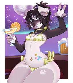 4_fingers ahoge alcohol anthro bar_counter beer beer_foam beer_mug beverage bikini biped black_eyebrows black_eyes black_hair blue_eyes border bow_ribbon bulge clothed clothing container counter cup curvy_figure disco_ball ear_piercing eyebrows femboy fingers floppy_ears food fruit gesture glass glass_container glass_cup glistening glistening_eyes gold_ear_piercing gold_navel_piercing gold_piercing green_bikini green_bikini_bottom green_bikini_top green_clothing green_swimwear grey_arms grey_fingers hair hand_gesture heart_(marking) heterochromia highlights_(coloring) holding_beverage holding_object looking_at_viewer male margarita markings mole_(marking) mole_under_eye navel navel_piercing orange_(fruit) orange_drink orange_slice outside_border overflowing pattern_bikini pattern_clothing pattern_swimwear piercing plant pose short_hair sitting skimpy skimpy_bikini slim solo stickers_on_body string_bikini striped_bikini striped_clothing striped_swimwear stripes swimwear thick_eyebrows thick_thighs tied_hair tusks two-piece_swimsuit v_sign white_body white_highlights white_legs white_tusks milkykirinn simon_(fierygehyena) mammal suid suine sus_(pig) wild_boar 2024 colored digital_drawing_(artwork) digital_media_(artwork) hi_res pinup