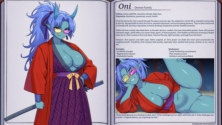 big_breasts biped blue_body blue_hair blue_horn bottomless breasts cleavage clothed clothing eyebrows eyelashes eyewear female fingers genitals hair holding_leg_up horn humanoid_pointy_ears looking_at_viewer lying on_side pointy_ears pose presenting presenting_vulva raised_leg red_clothing simple_background smile solo spread_legs spreading standing text thick_thighs vulva wide_hips twistedscarlett60 asian_mythology east_asian_mythology japanese_mythology mythology demon humanoid mammal oni yokai 16:9 2025 digital_media_(artwork) english_text hi_res url widescreen