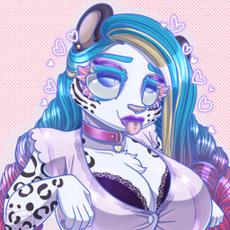 anthro bimbo_(fashion) collar ear_piercing female glitter glitter_eyeshadow heart_symbol highlights_(coloring) piercing tongue tongue_out tongue_piercing medicatedcannibal titania_(chromatic_bard) felid mammal pantherine snow_leopard 1:1 hi_res trans_(lore) trans_woman_(lore)