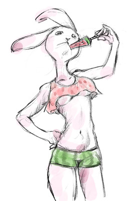 anthro bottomwear breasts clothing crop_top eating female food fruit hand_on_hip melon midriff navel plant shirt shorts simple_background solo standing topwear under_boob watermelon white_background white_body ktandoku beastars haru_(beastars) domestic_rabbit dwarf_rabbit lagomorph leporid mammal oryctolagus rabbit 2021 colored_sketch portrait sketch three-quarter_portrait