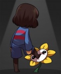 ambiguous_gender brown_hair clothing cursed_image duo flower hair humor not_furry plant what_has_magic_done cubewatermelon undertale undertale_(series) flowey_the_flower frisk_(undertale) elemental_creature flora_fauna human mammal 2015