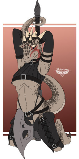anthro axe biped breasts camel_toe claws clothed clothing female kneeling melee_weapon non-mammal_breasts pose presenting skimpy solo spikes spots tail under_boob weapon notorious84 microsoft the_elder_scrolls valeriiya argonian scalie