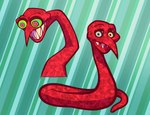 abstract_background black_sclera female grin long_nose multicolored_eyes red_body red_skin sharp_teeth smile solo teeth gooseworx juice_galaxy mrs._slitherss monster reptile scalie snake