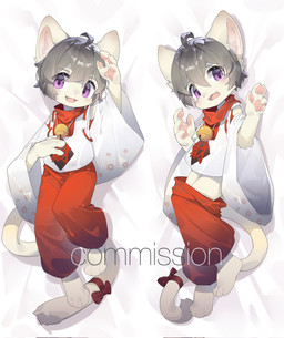 ambiguous_gender anthro bed bell bodily_fluids bottomwear bottomwear_down clothed clothing dakimakura fangs furniture grey_hair hair hand_pawpads jingle_bell kemono looking_at_viewer lying on_back on_bed open_mouth pants pants_down partially_clothed pawpads purple_eyes red_bottomwear red_clothing red_pants solo tears teeth topwear young young_anthro emolga_1 domestic_cat felid feline felis mammal 2023 dakimakura_design hi_res watermark