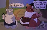 anthro bench big_butt bottomwear butt clothing dialogue duo eyewear glasses male money open_mouth outside overweight overweight_male shirt shorts text topwear chonkymouse mammal mouse murid murine rat rodent 2024 english_text hi_res