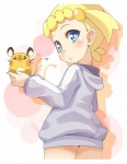 ambiguous_gender blonde_hair blue_eyes blush bottomless clothed clothing duo eyelashes female feral hair hoodie human_focus kemono looking_at_viewer not_furry_focus short_hair sweatshirt topwear young youki029 nintendo pokemon bonnie_(pokemon) cricetid dedenne generation_6_pokemon hamster human mammal pokemon_(species) rodent