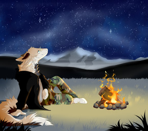2_horns anthro black_horn blue_eyes bottomwear camo camo_bottomwear camo_clothing camo_pants camo_print campfire camping clothed clothing detailed_background eyewear fluffy fur glasses grass grey_body grey_clothing grey_fur grey_shirt grey_topwear hand_on_belly horn jacket looking_at_stars male mountain neck_tuft night no_shoes outside pants pattern_bottomwear pattern_clothing pattern_pants plant rock shirt sitting sky smile solo star starry_sky tail topwear tuft white_body white_fur wood charliart mythology norf_(stonehermit) dragon furred_dragon furred_scalie mythological_creature mythological_scalie scalie absurd_res hi_res