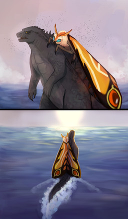 duo female male sea water ferretsketch godzilla_(series) monsterverse mothra_(series) toho godzilla mothra arthropod avian bird insect kaiju lepidopteran monster moth absurd_res hi_res