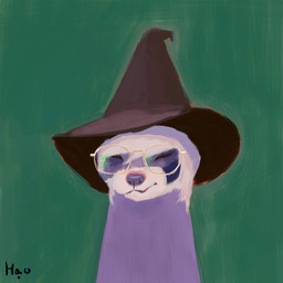 ambiguous_form ambiguous_gender bangs clothing content eyes_closed eyewear facial_markings fur glasses green_background hair happy hat head_markings headgear headwear markings multicolored_body multicolored_fur philtrum purple_body purple_fur reflection simple_background smile solo toony white_body white_fur witch_hat borealhao lamapola vinea_(lamapola) domestic_ferret mammal mustelid musteline true_musteline weasel 1:1 2025 absurd_res bust_portrait digital_media_(artwork) hi_res portrait signature