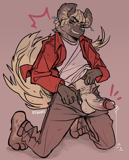 anthro balls big_penis blonde_hair bodily_fluids clothed clothing dreadlocks ear_piercing erection foreskin fur genital_fluids genitals glans hair humanoid_genitalia humanoid_penis looking_at_viewer male markings paws penis piercing precum precum_string pubes simple_background smile smirk solo spots spotted_body spotted_fur tattoo vein veiny_penis unknown_artist dimitri_(hyena) hyena mammal spotted_hyena absurd_res digital_media_(artwork) hi_res signature