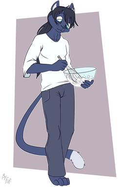 anthro biped black_body black_bottomwear black_clothing black_hair black_nose black_pants bottomwear clothed clothing cooking digitigrade dipstick_tail eyebrows front_view hair holding_object long_hair looking_at_object looking_down male markings pants ponytail shirt simple_background solo tail tail_markings topwear white_clothing white_markings white_shirt white_topwear fuf felid lion mammal pantherine 2019 2:3 hi_res