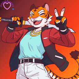 anthro bottomwear claws clothed clothing female finger_claws gesture gloves hand_gesture handwear holding_object holding_weapon jacket katana looking_at_viewer melee_weapon pants simple_background smile smiling_at_viewer solo sword tail topwear v_sign weapon angiebootz friends_vs_friends sable_santana felid mammal pantherine tiger 1:1 absurd_res digital_media_(artwork) hi_res