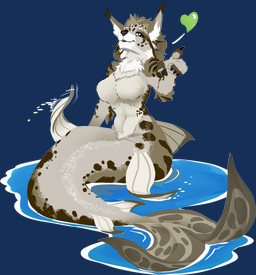 anthro breasts ear_tuft featureless_breasts female fin fur gesture green_eyes grey_body grey_fur grey_scales hand_gesture heart_symbol looking_at_viewer mermaid_tail navel nude nude_anthro nude_female pointing pointing_at_viewer scales simple_background sitting smile solo split_form spots stripes transparent_background tuft water roxlyde aquatic felid feline lynx mammal merfolk 2026 absurd_res alpha_channel hi_res